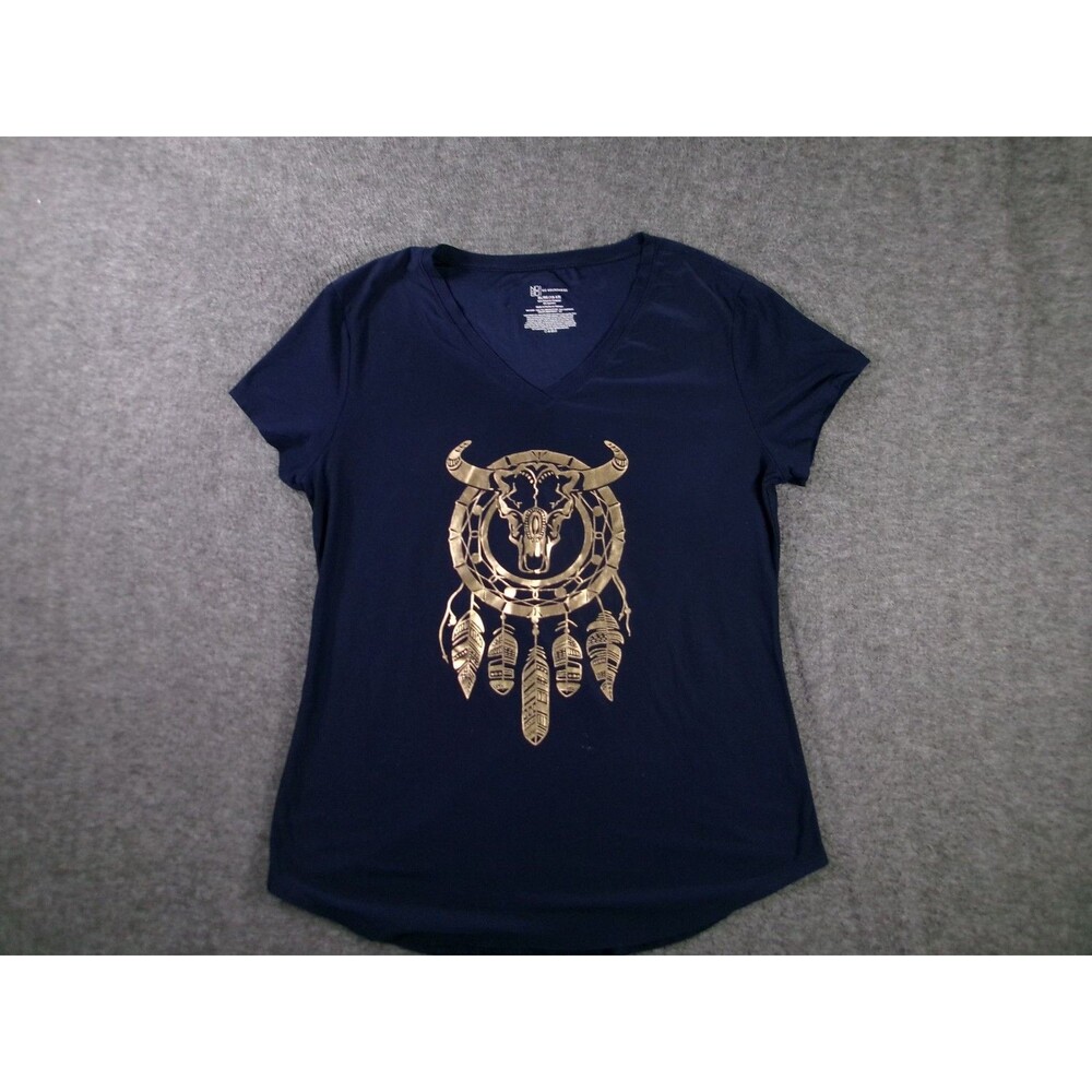No Boundaries Shirt Womens XL Foil Dreamcatcher V-Neck Navy Stretch